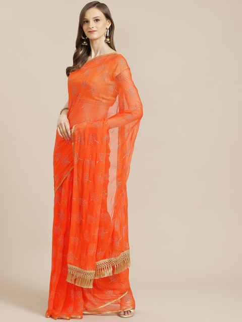 

KALINI Orange & Golden Embellished Pochampally Saree