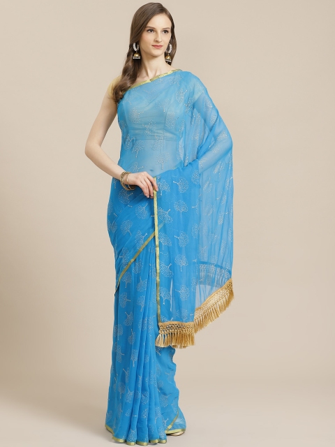 

KALINI Blue & Golden Embellished Pochampally Saree