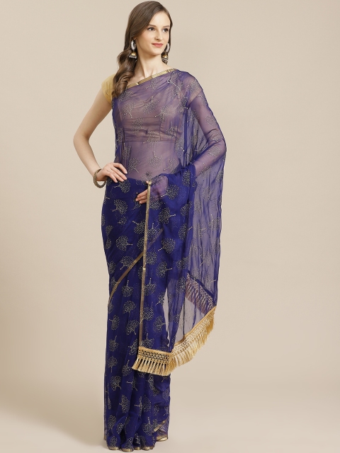 

KALINI Navy Blue & Golden Poly Chiffon Embellished Saree