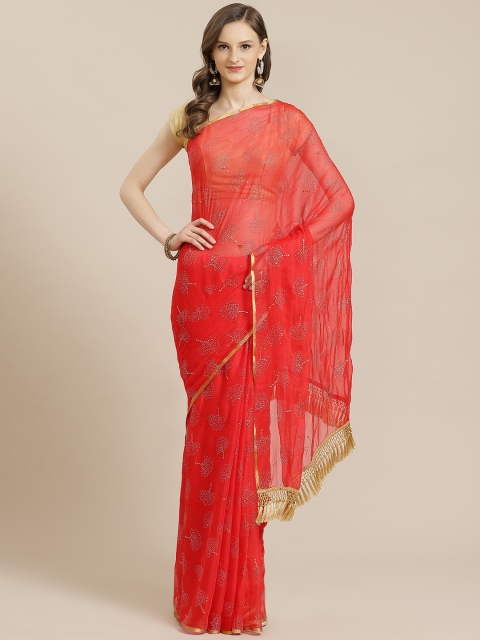 

KALINI Red & Golden Poly Chiffon Embellished Saree