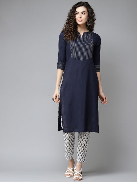 

KALINI Women Navy Blue & White Yoke Design Kurta with Trousers