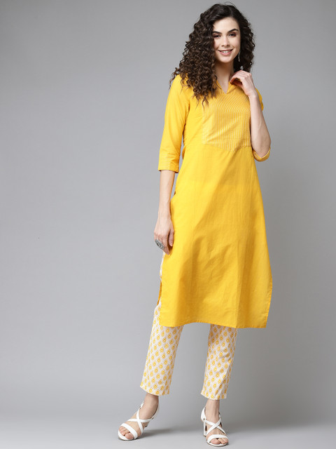 

KALINI Women Yellow & White Yoke Design Kurta with Trousers