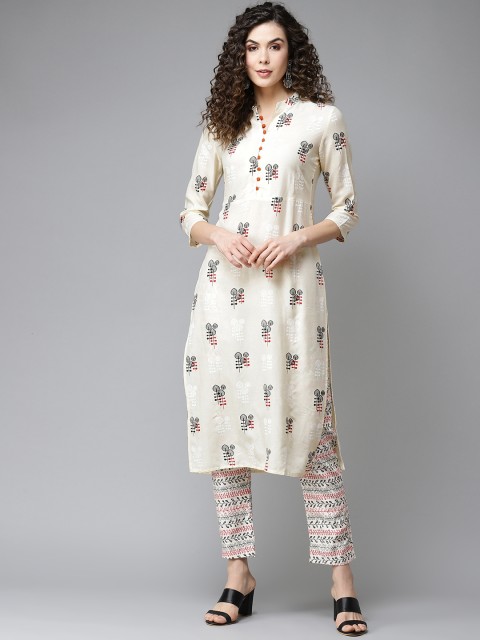 

KALINI Women Off-White & Black Printed Kurta with Trousers