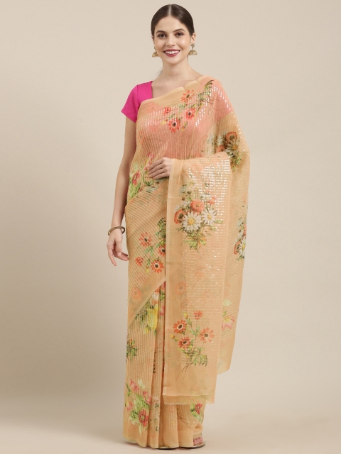 

Mitera Beige Printed Poly Georgette Saree