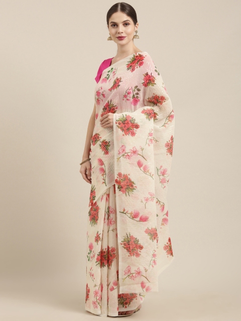 

Mitera Cream-Coloured Printed Poly Georgette Saree