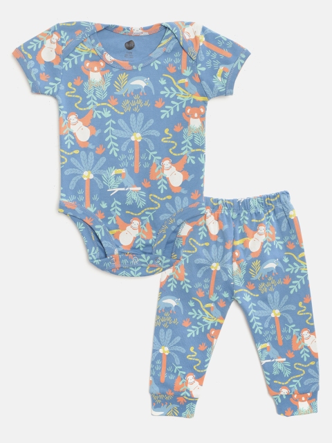 

luyk Infant Kids Blue & Orange Jungle Print Pure Cotton Bodysuit with Joggers