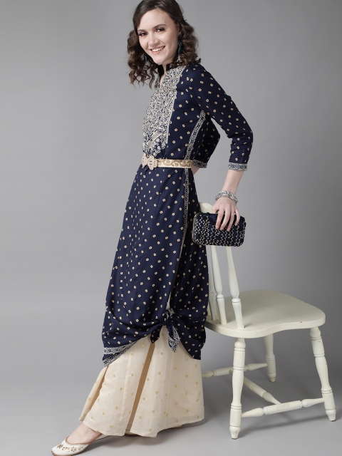 

Ishin Women Navy Blue & Beige Bandhani Printed Indigo Kurta