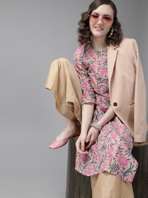 

Ishin Women Beige & Pink Floral Block Printed Sequins Cotton Kurta