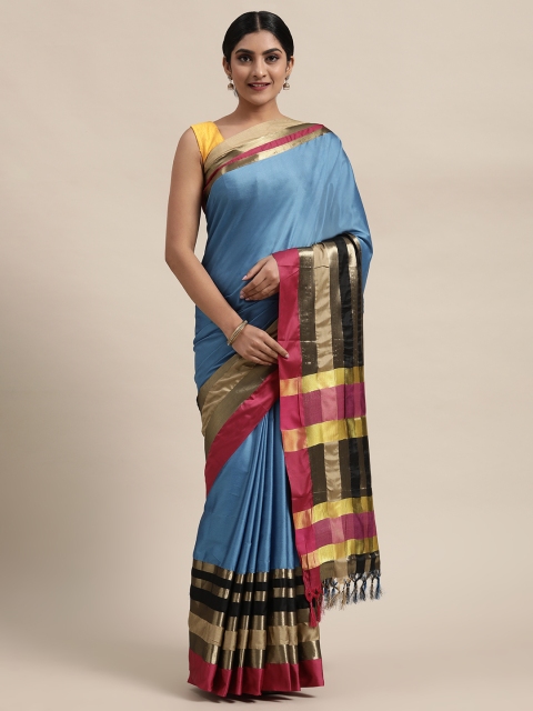 

Mitera Teal Blue & Golden Art Silk Solid Kanjeevaram Saree