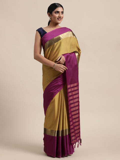 

Mitera Mustard Yellow & Magenta Pink Cotton Blend Solid Kanjeevaram Saree