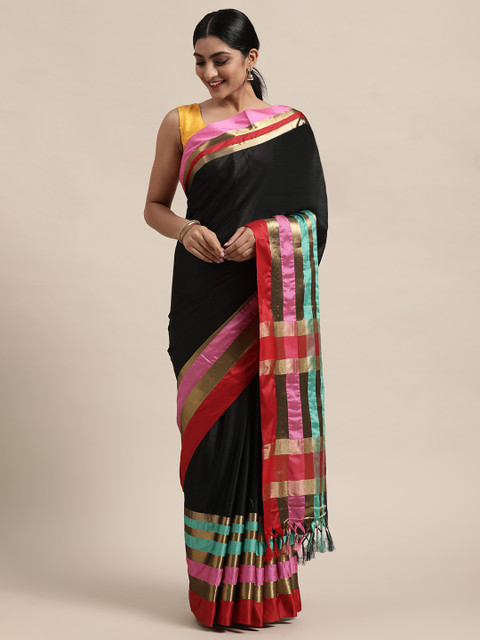 

Mitera Black & Pink Art Silk Solid Kanjeevaram Saree