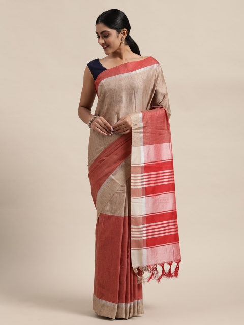 

Mitera Brown & Red Cotton Blend Colourblocked Saree