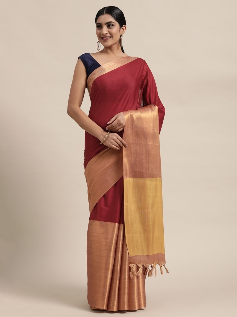 

Mitera Red & Golden Cotton Blend Colourblocked Saree