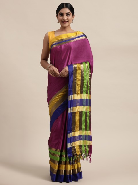 

Mitera Magenta Pink & Green Art Silk Solid Kanjeevaram Saree