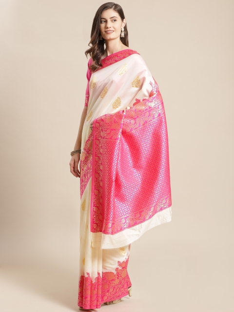 

Shangrila Creation White & Pink Ethnic Motifs Woven Design Zari Banarasi Saree