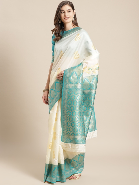 

Shangrila Creation White & Green Ethnic Motifs Zari Woven Design Banarasi Saree
