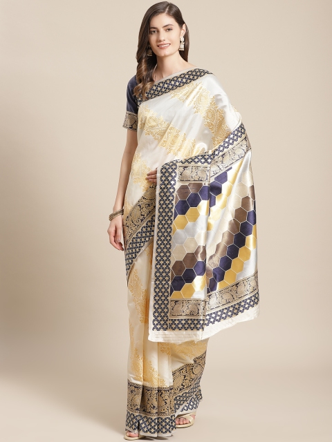 

Shangrila Creation Off-White & Golden Ethnic Motifs Zari Woven Design Banarasi Saree