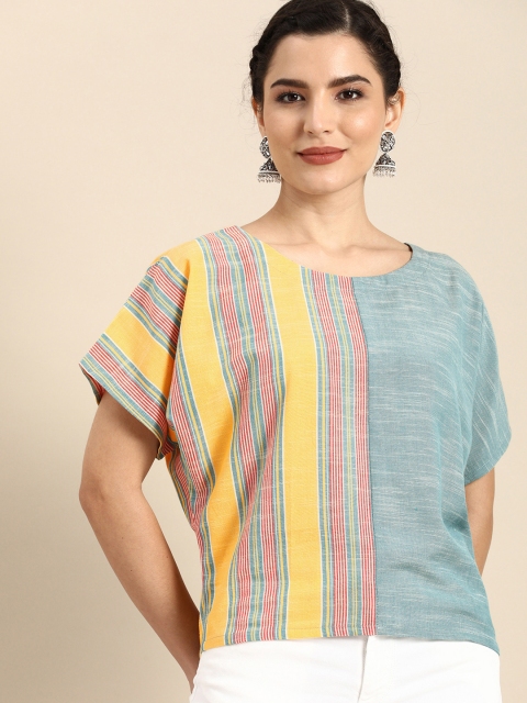 

Varanga Yellow & Blue Striped Kimono Sleeves Pure Cotton Regular Top
