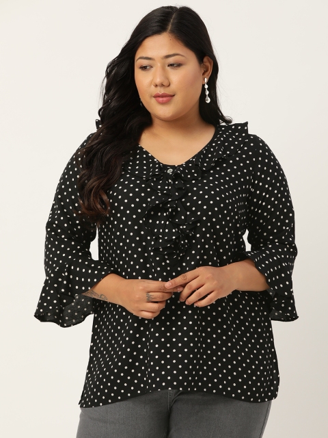 

Revolution Women Plus Size Black & White Polka Dots Print Bell Sleeves Regular Top