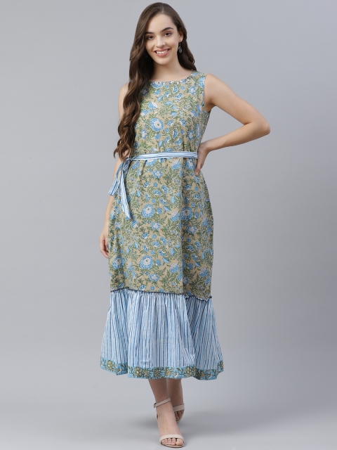 

Vasudha Green & Blue Floral Print Cotton Maxi Dress & Belt