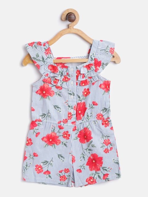 

I AM FOR YOU Girls Blue & Red Floral Print Cotton Playsuit