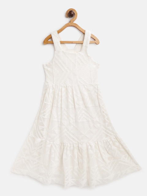 

I AM FOR YOU Girls Off-White Lace Self Design Tiered Maxi Dress