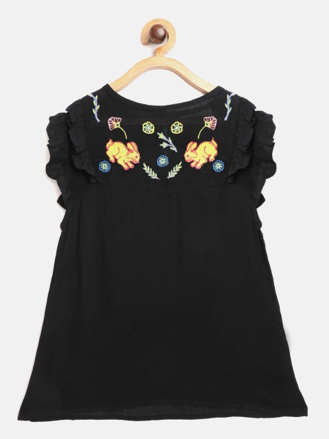 

I AM FOR YOU Black & Yellow Floral Embroidered Flutter Sleeves Cotton Ruffled Top