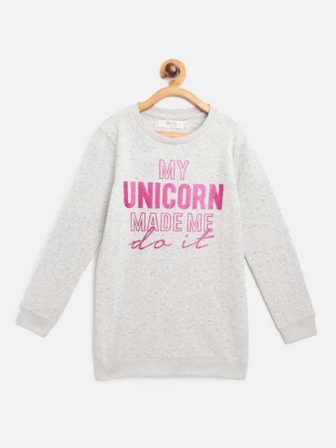 

I AM FOR YOU Girls Grey Melange & Pink Glitter Typography Printed Sweatshirt