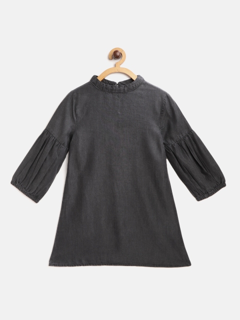 

I AM FOR YOU Girls Charcoal Grey Solid Chambray A-Line Dress