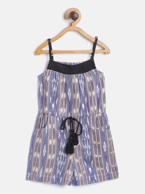 

I AM FOR YOU Girls Blue & White Tribal Print Cotton Playsuit with Tie-ups