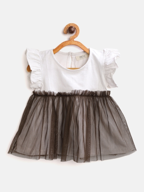 

I AM FOR YOU Girls Off-White & Coffee Brown Colourblocked Pure Cotton Fit & Flare Dress