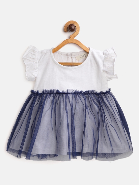 

I AM FOR YOU Girls White & Navy Blue Colourblocked Fit and Flare Cotton Dress