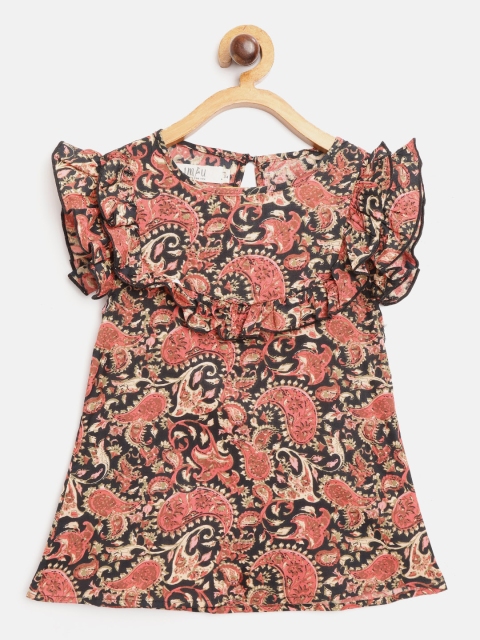 

I AM FOR YOU Black & Coral Red Ethnic Printed Flutter Sleeves Cotton Ruffled Top