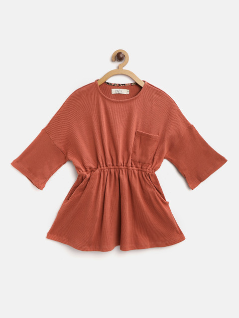 

I AM FOR YOU Girls Rust Brown Pure Cotton Ribbed A-Line Dress