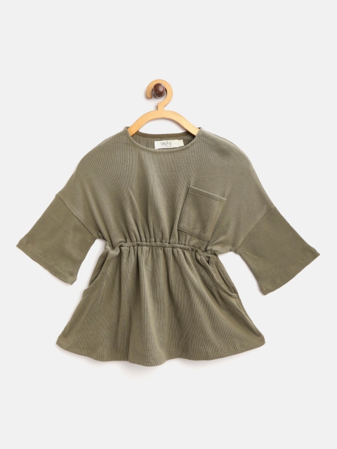 

I AM FOR YOU Girls Olive Green Ribbed Pure Cotton A-Line Dress