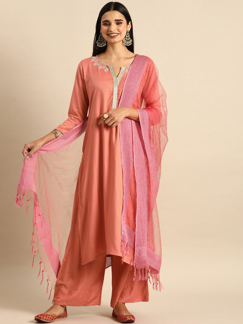 

Varanga Women Peach-Coloured Solid Kurta with Palazzos & Dupatta