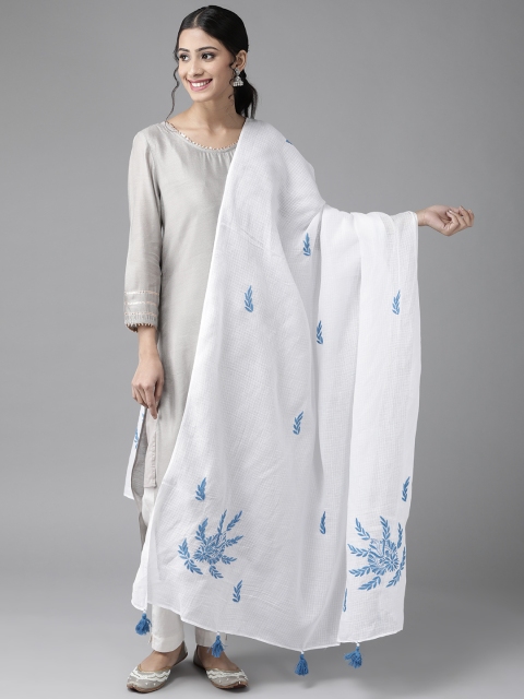 

ADA White & Blue Sustainable Hand Chikankari Embroidered Kota Dupatta