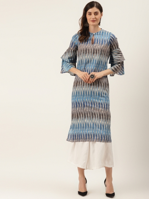

DIVA WALK EXCLUSIVE Women Blue & Grey Geometric Print Flared Sleeves Ikat Kurta
