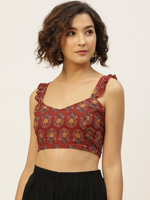 

Molcha Women Maroon & Mustard Yellow Hand Block Print Pure Cotton Saree Blouse