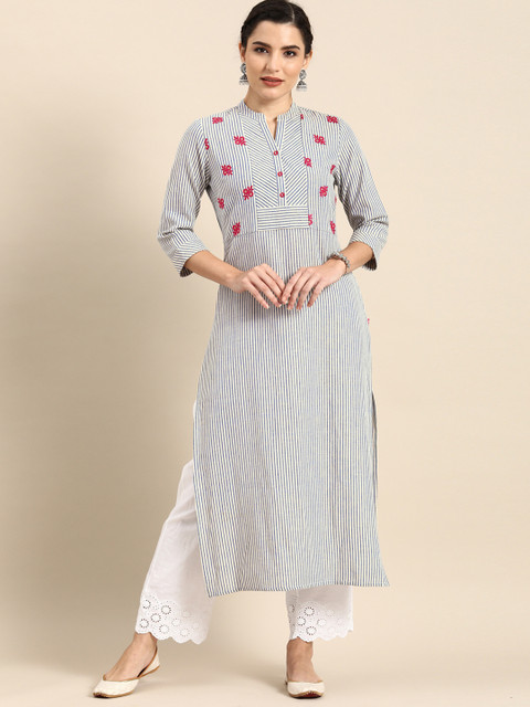 

Varanga Women White & Blue Striped Thread Work Handloom Kurta