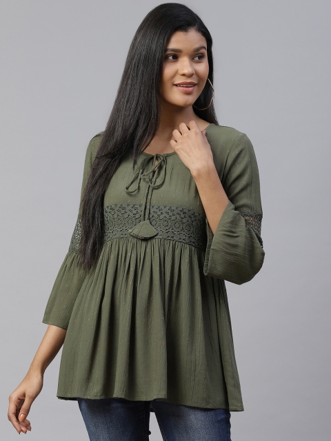 

Cottinfab Olive Green Dobby Weave Tie-Up Neck Bell Sleeves A-Line Top