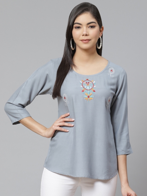 

Ives Women Grey Pure Cotton Regular Top