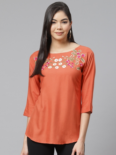 

Ives Women Peach-Coloured Floral Embroidered Regular Top