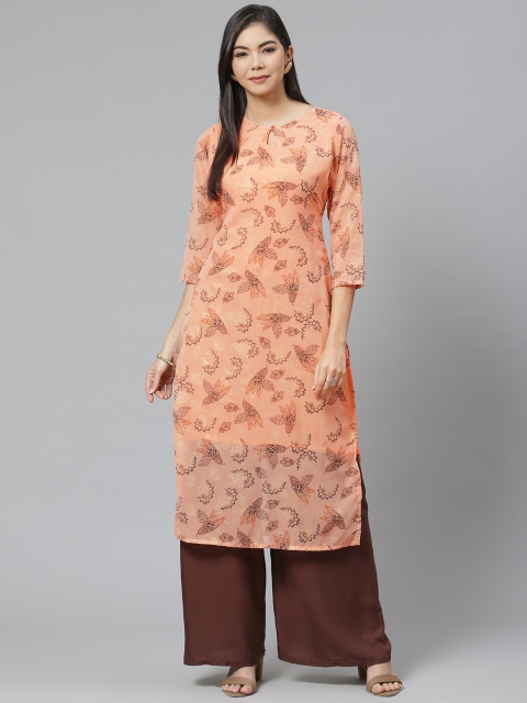 

Ives Women Peach-Coloured & Brown Ethnic Motifs Printed Keyhole Neck Kurta