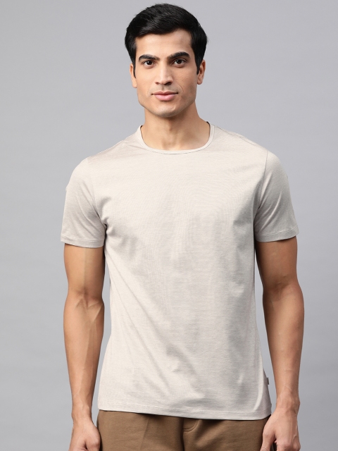 

Marks Spencer Men Beige Off-White Striped Round Neck Pure Cotton T-shirt