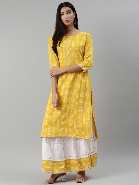 

aayusika Women Yellow & White Bandhani Paisley Printed Kurta with Skirt