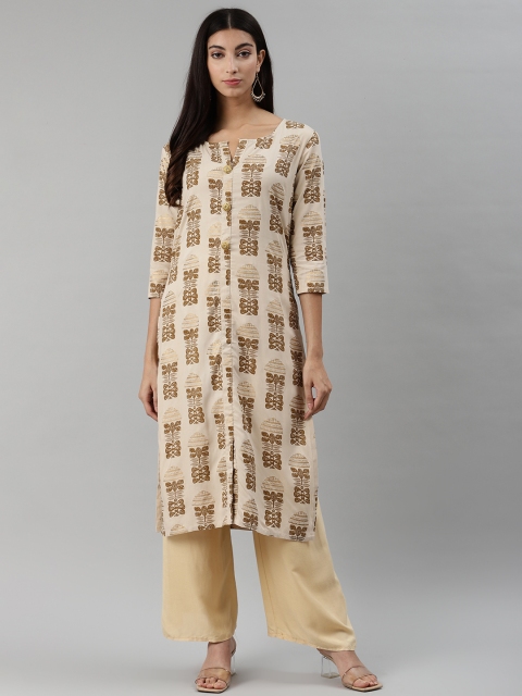 

aayusika Women Beige & Brown Ethnic Motifs Printed Kurta