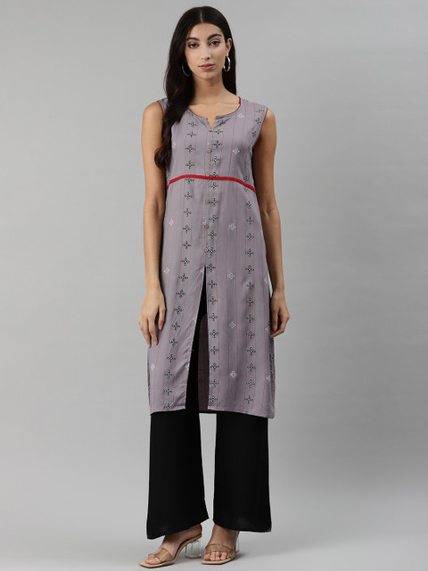 

aayusika Women Grey & Black Ethnic Motifs High-Slit Printed Kurta