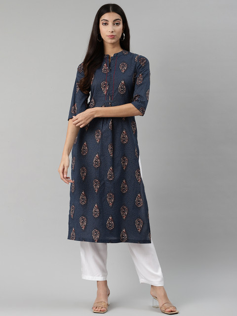 

aayusika Women Navy Blue & Cream-Coloured Ethnic Motifs Block Print Straight Kurta