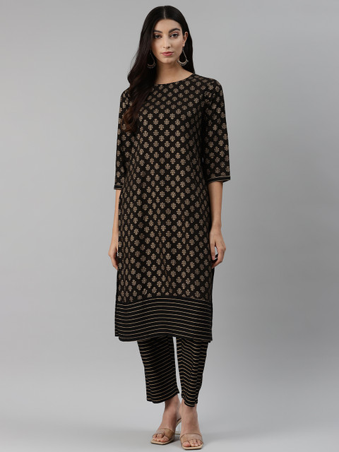 

aayusika Women Black & Golden Printed Kurta with Trousers